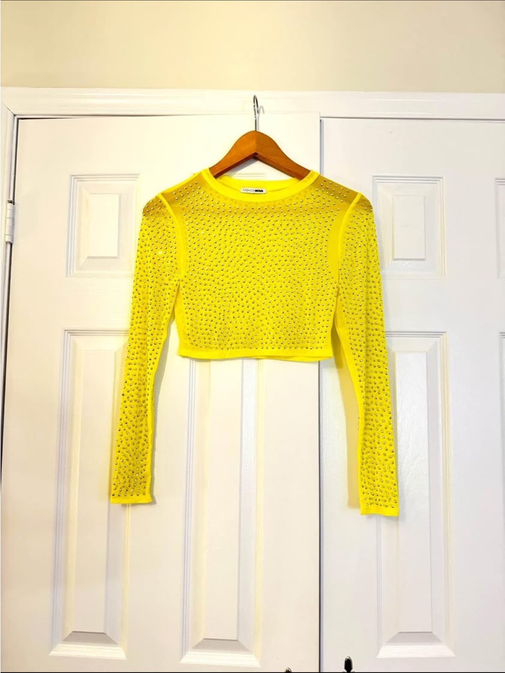 Fashion Nova Mesh Yellow Studded Long-Sleeve Crop Top